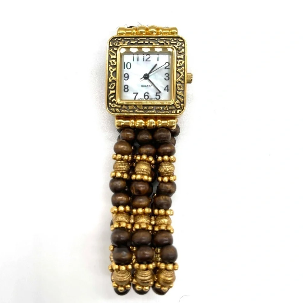 Japan Movt Mother of Pearl Face w/ Wooded & Gold tone Beads Stretch Watch